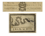 JOIN, or DIE Newspaper From Benjamin Franklins Pennsylvania Gazette in 1754 -- The Most Influential Political Cartoon in Americas History & Only Known Copy Apart From the Library of Congress